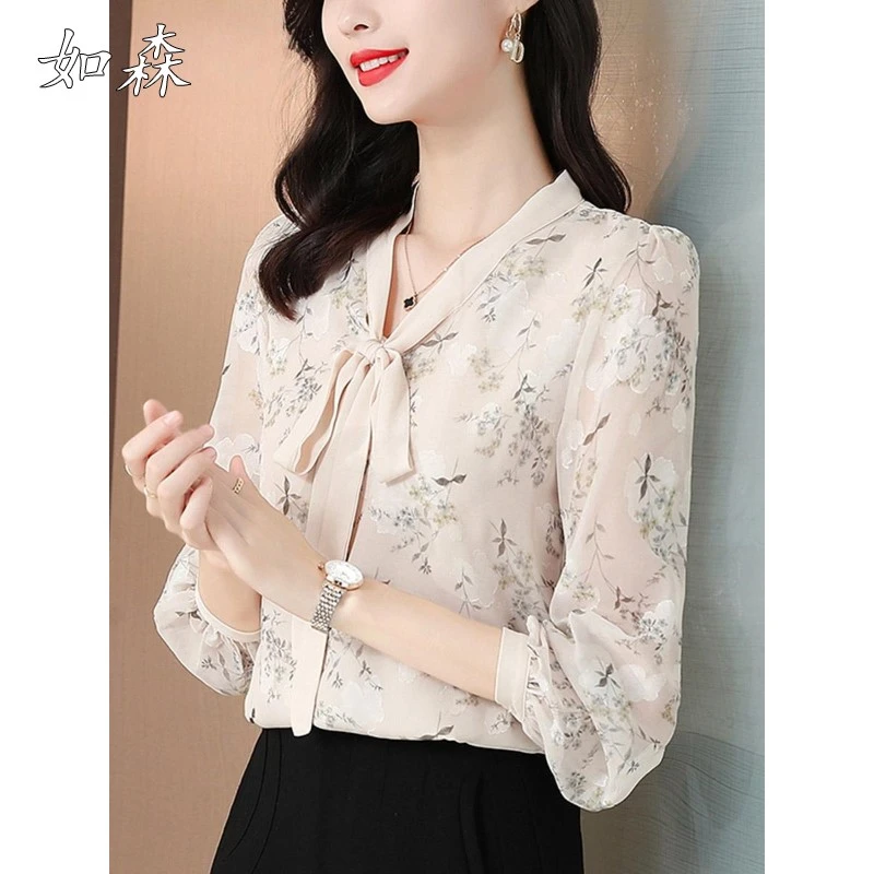 长袖碎花雪纺衬衫女士2025春季新款别致高级感上衣蝴蝶结法式小衫