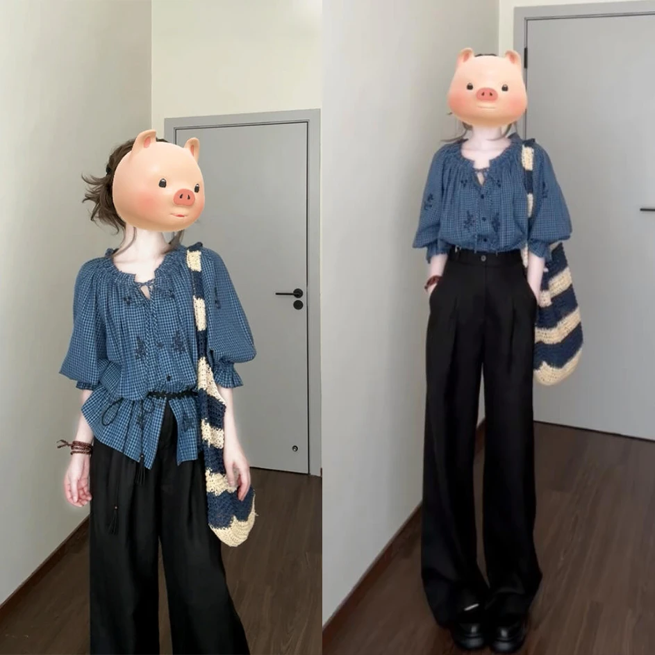 2025夏季新款法式绣花木耳边衬衫高腰阔腿长裤洋气休闲套装衣服女