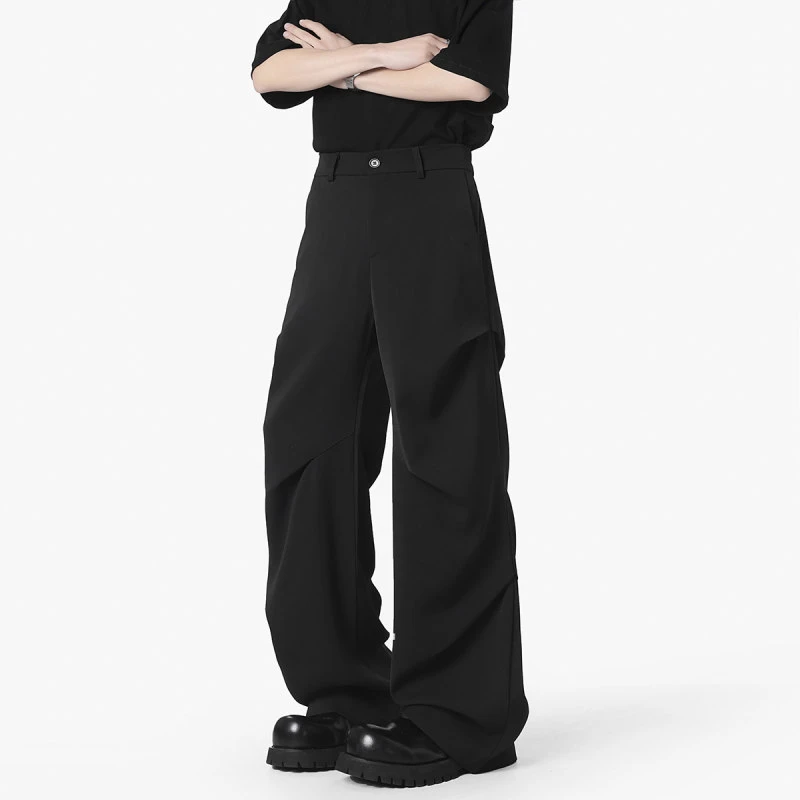 黑色微喇褶皱西裤男款秋季美式痞帅高级感裤子垂感宽松阔腿直筒裤