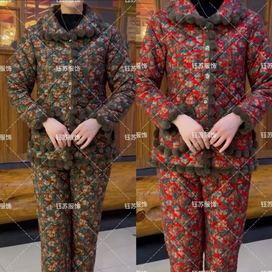 冬季新款加绒加厚妈妈装时尚毛毛球中式气质家居外穿两件套套装