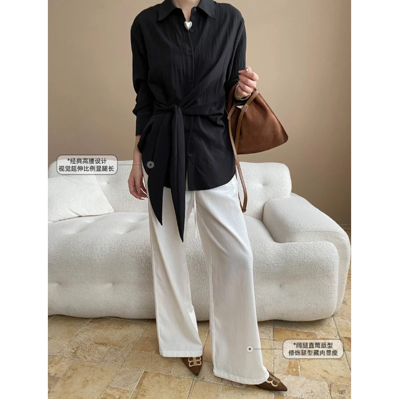 早秋新款亚麻混纺抽绳松紧高腰显瘦休闲牛仔阔腿裤宽松裤子百搭