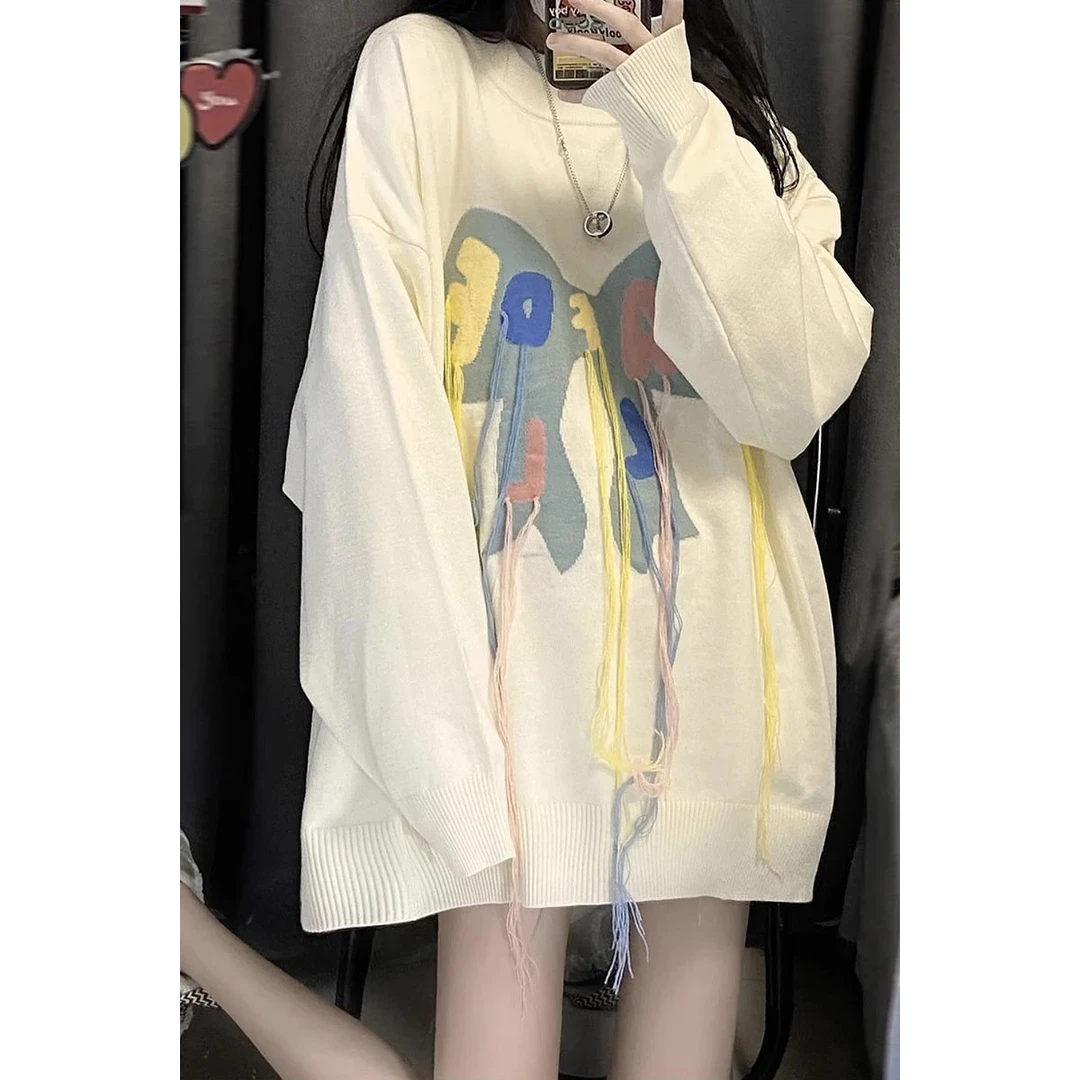 美式炸街设计感流苏圆领毛衣女宽松针织衫秋季慵懒风小众上衣外套