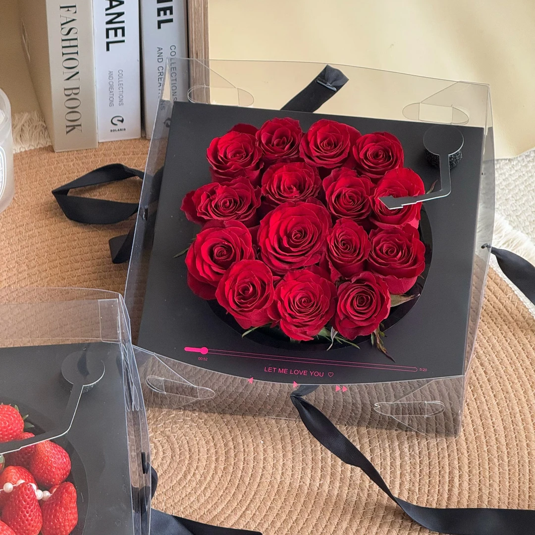 情人节留声机水果花盒PVC透明高档防水鲜花手提盒水果手提盒包邮