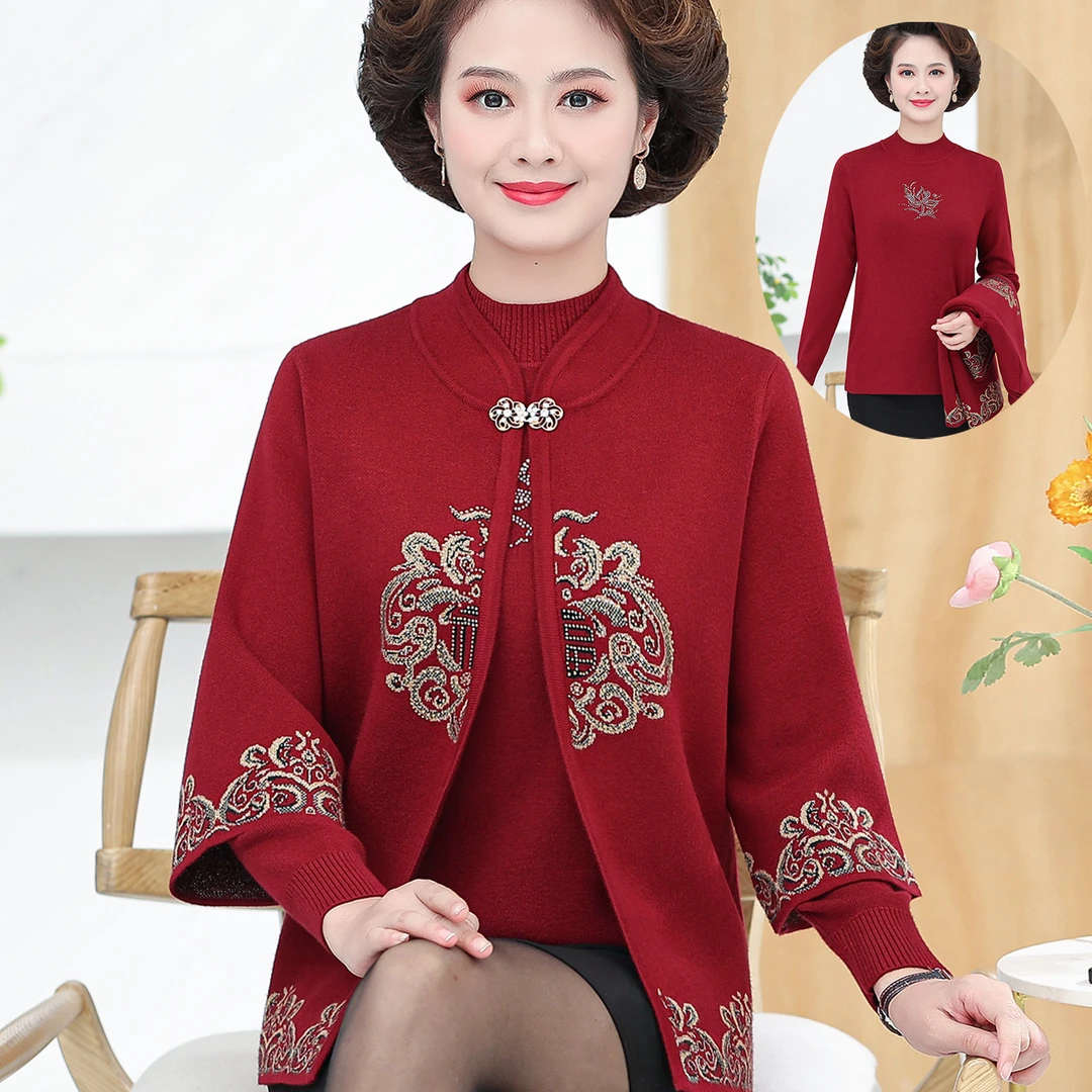 中老年人春秋女妈妈两件套装奶奶新年中式红色国风毛衣针织衫外套