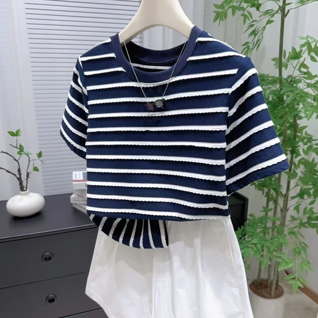 【立体条纹】夏季女新款拼接圆领显瘦短袖T恤上衣