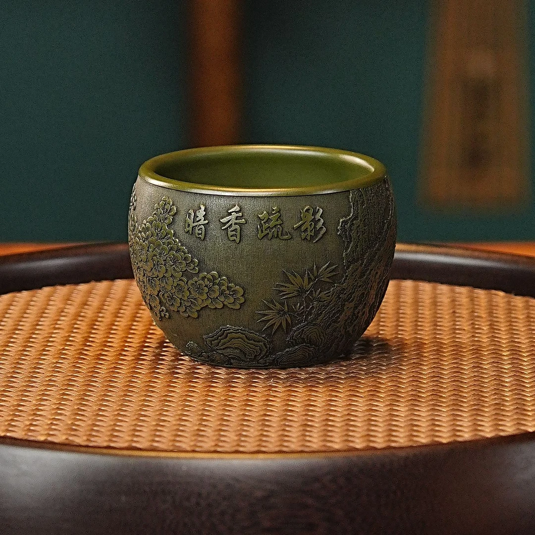 宜兴全手工紫砂茶具 原矿绿泥泥料刻绘暗香疏影主人杯品茗杯