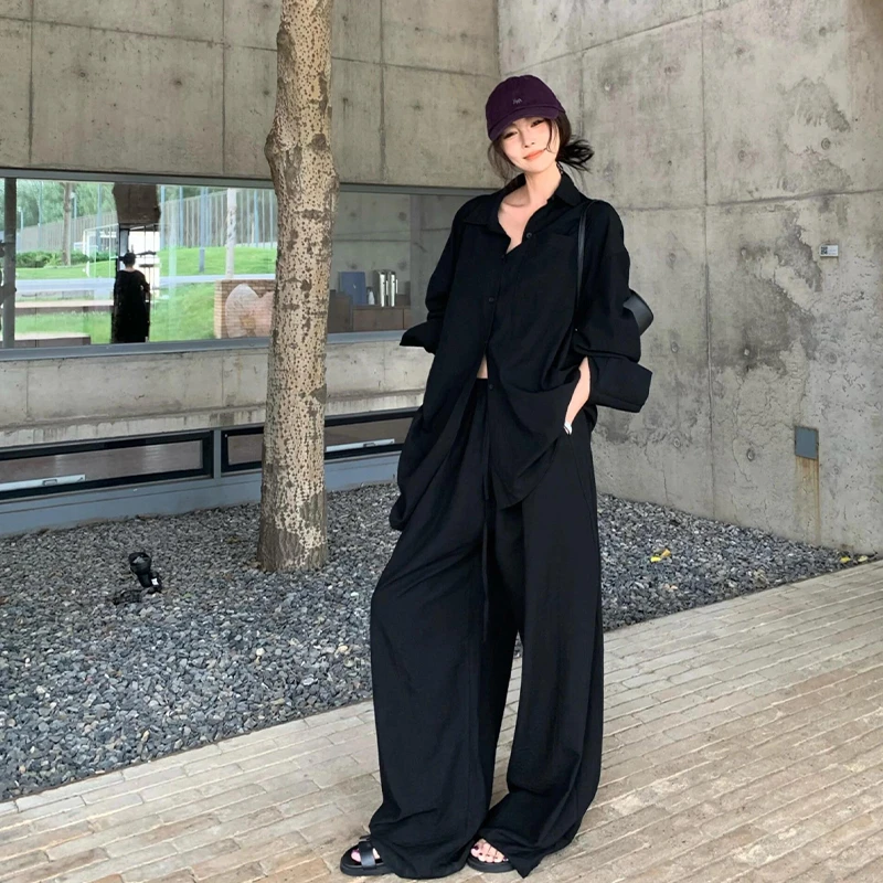 松弛感穿搭亚麻衬衫套装女夏季高级感休闲慵懒风阔腿裤黑色两件套