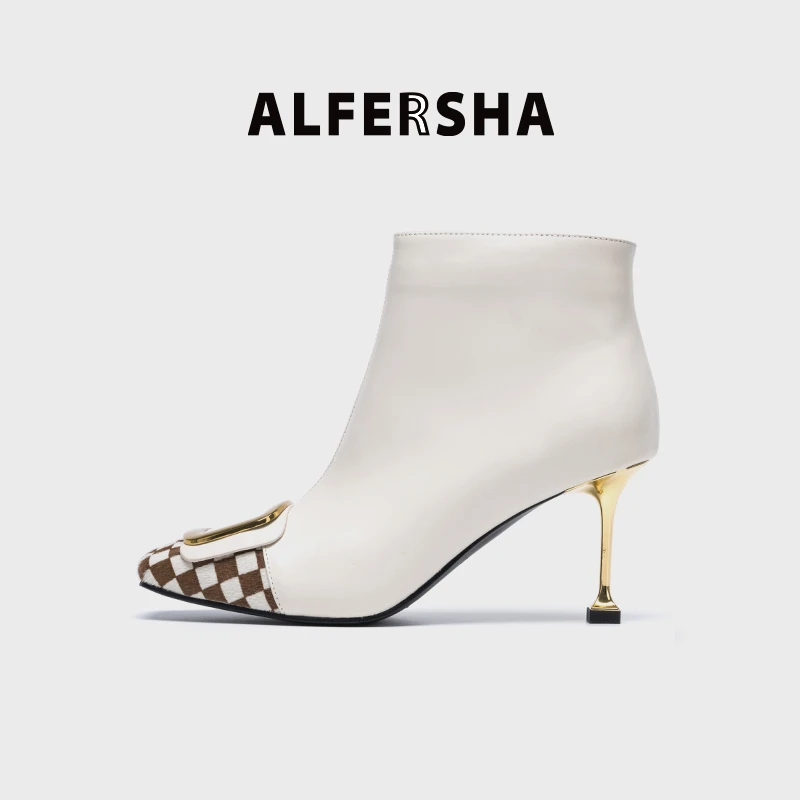 阿芙莎广系联名款81088新款百搭金属扣棋盘格侧拉链方头短靴D