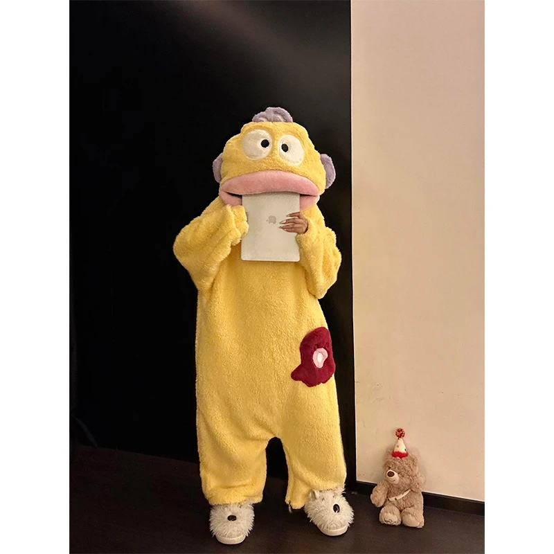 可爱搞怪黄色小丑鱼连帽珊瑚绒睡衣女秋冬加厚保暖家居服连体套装