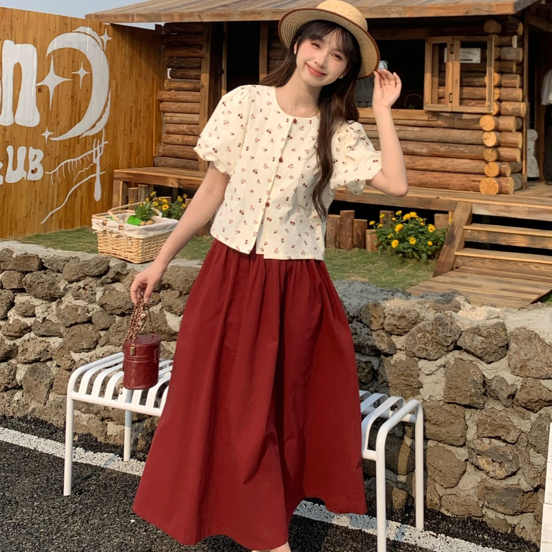 慕兔法式碎花衬衫搭配纯色宽松显瘦半身裙两件套女2025夏季新款