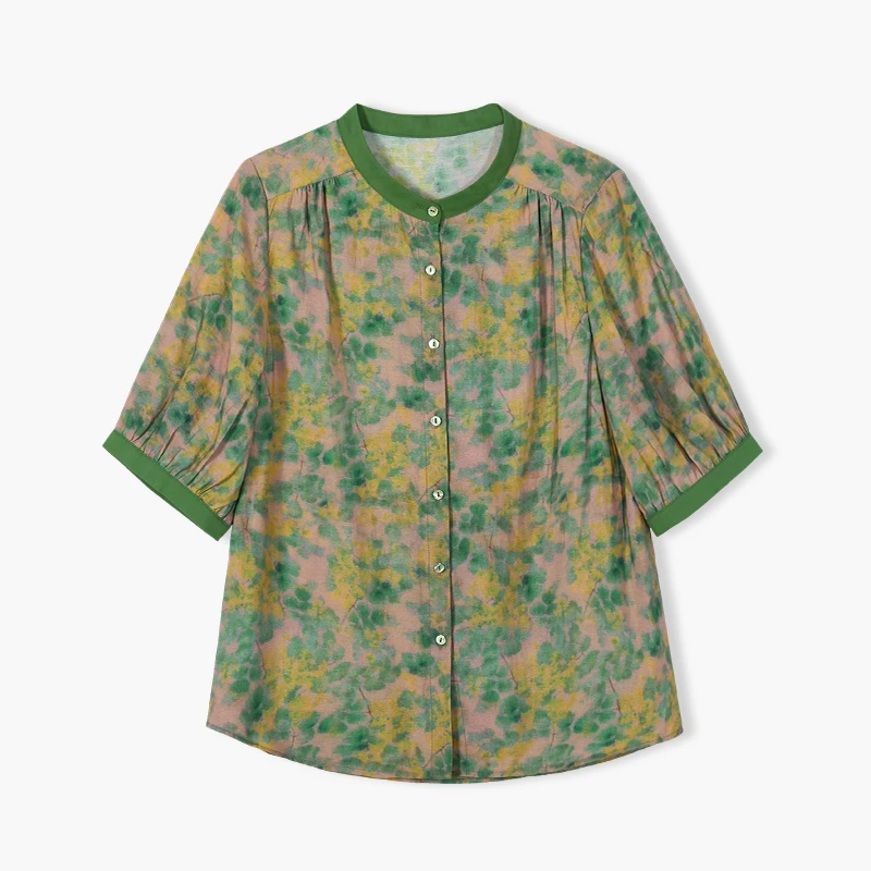 韩穆KA68199印花中年妈妈衬衫碎花圆领显瘦上衣