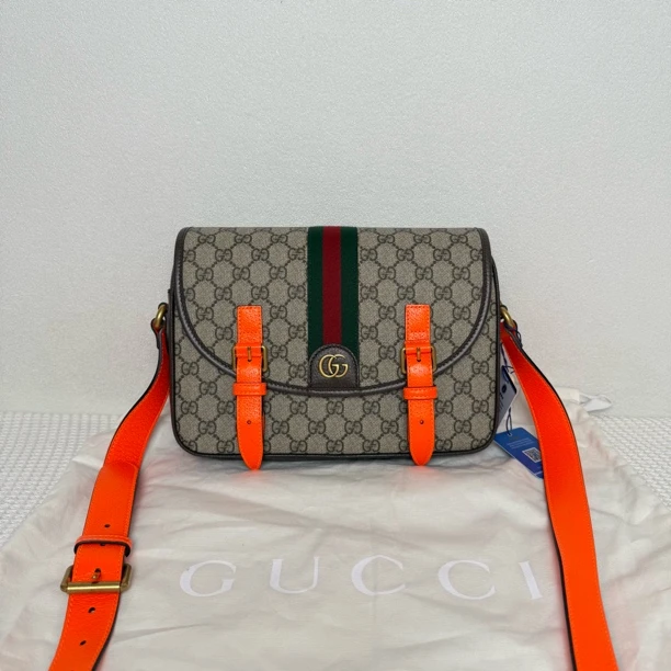 未使用 GUCCI/古驰 8954/时尚经典棕老花撞色双扣邮差包