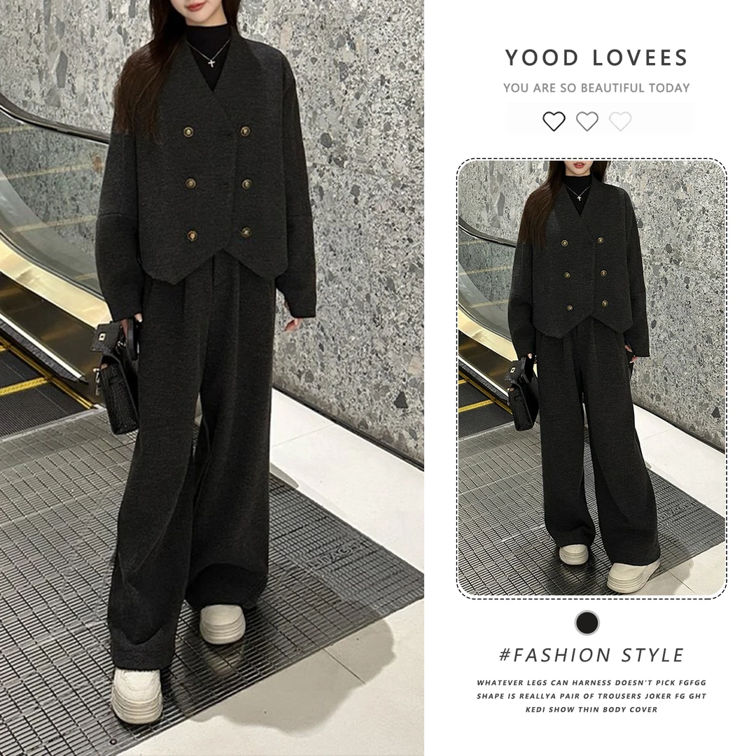时尚毛呢套装女冬季新款洋气宽松显瘦夹棉蝙蝠袖外套阔腿裤两件套