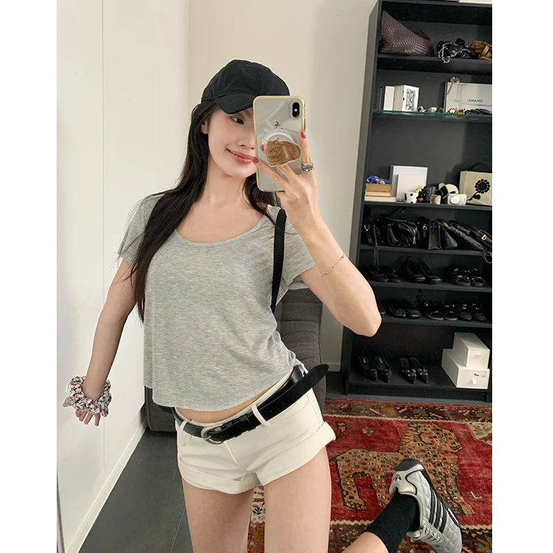 楠涛莱赛尔亚麻U领正肩短袖T恤女2025夏季微透百搭设计感合身上衣
