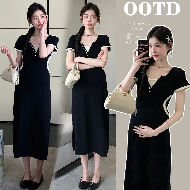 孕妇连衣裙夏季法式孕期高级感穿搭撞色紧身假两件黑色裙子夏天