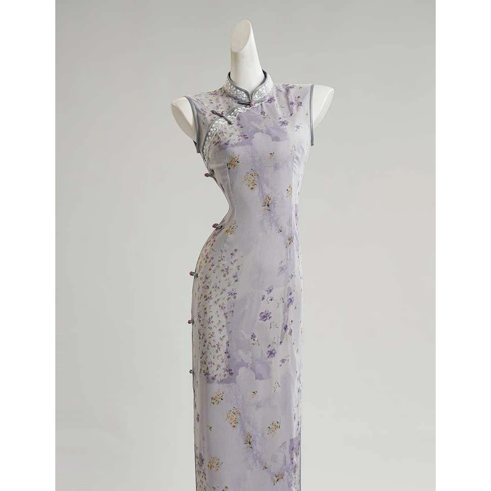 【9916】今年流行漂亮紫色旗袍女夏季无袖高级感小个子年轻款显瘦