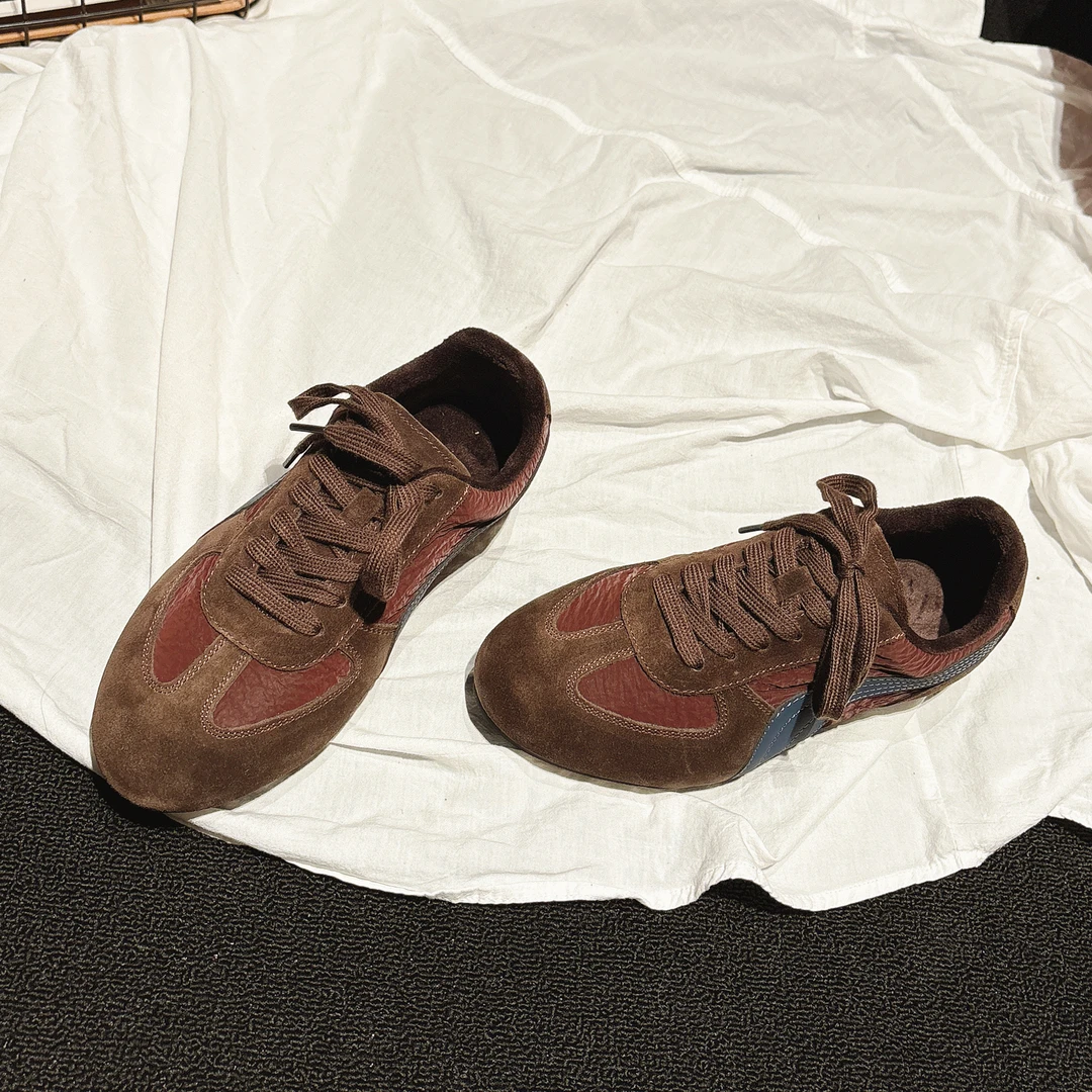 头层小牛皮~美拉德超软复古德训鞋女2025冬新款平跟加绒休闲鞋ins