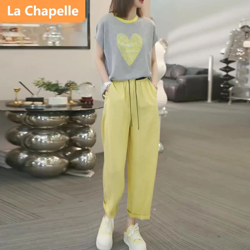 拉夏贝尔超好看休闲时尚套装女夏季高档减龄短袖印花T恤长裤两件