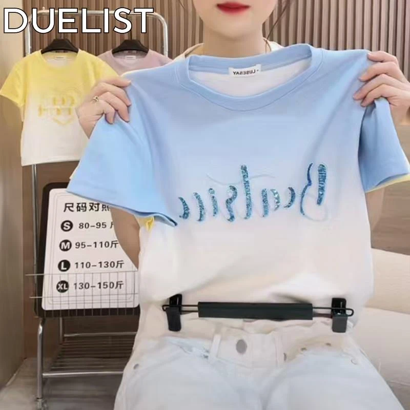 DUELIST高级感韩版休闲扎染印花短袖恤女夏新款洋气显瘦蓝色上衣