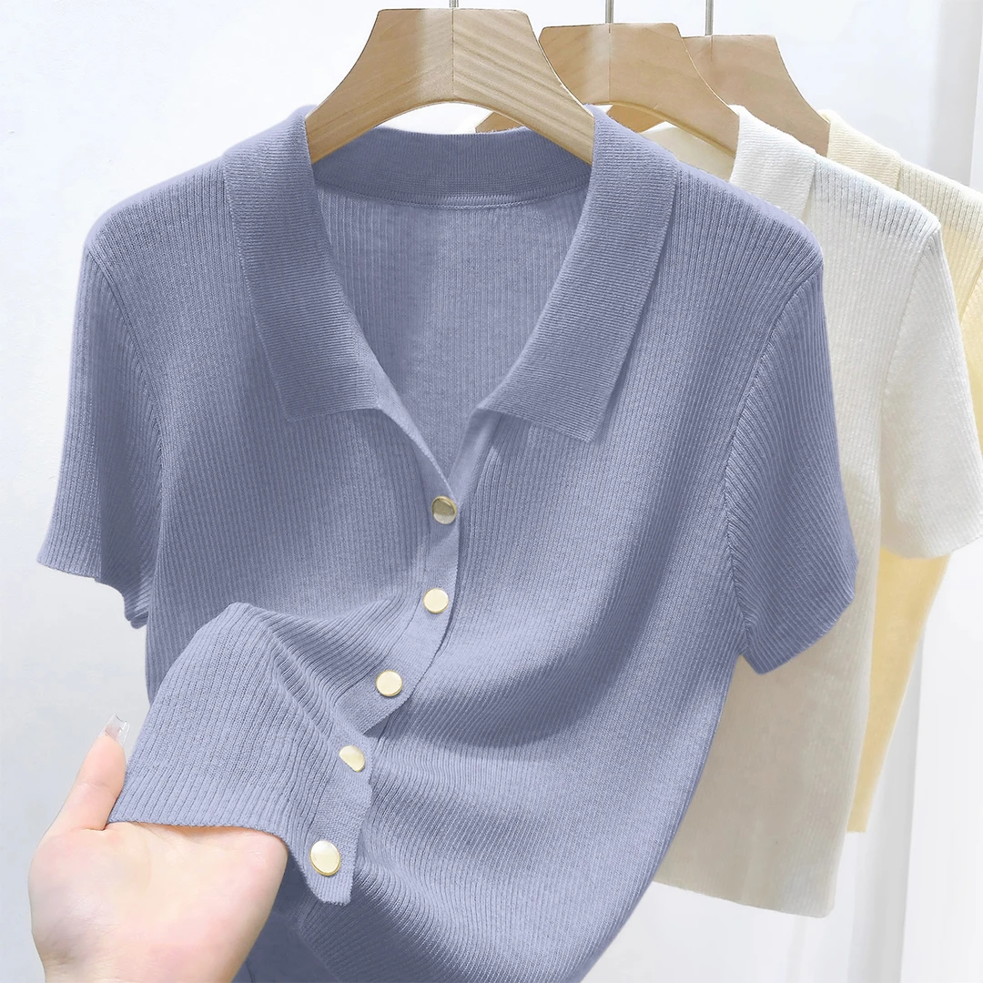 夏季新款正肩短袖T恤上衣宽松显瘦薄款POLO领纽扣设计针织开衫女