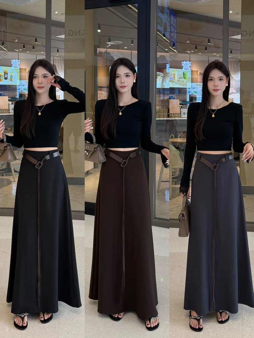 大琳（极简长裙）秋季百搭显瘦高腰收腰A版加长半身裙+腰带