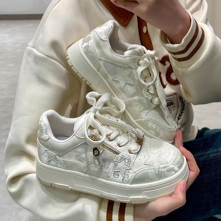 国潮虞书欣同款厚底增高星星板鞋女2025新款网面透气休闲小白鞋