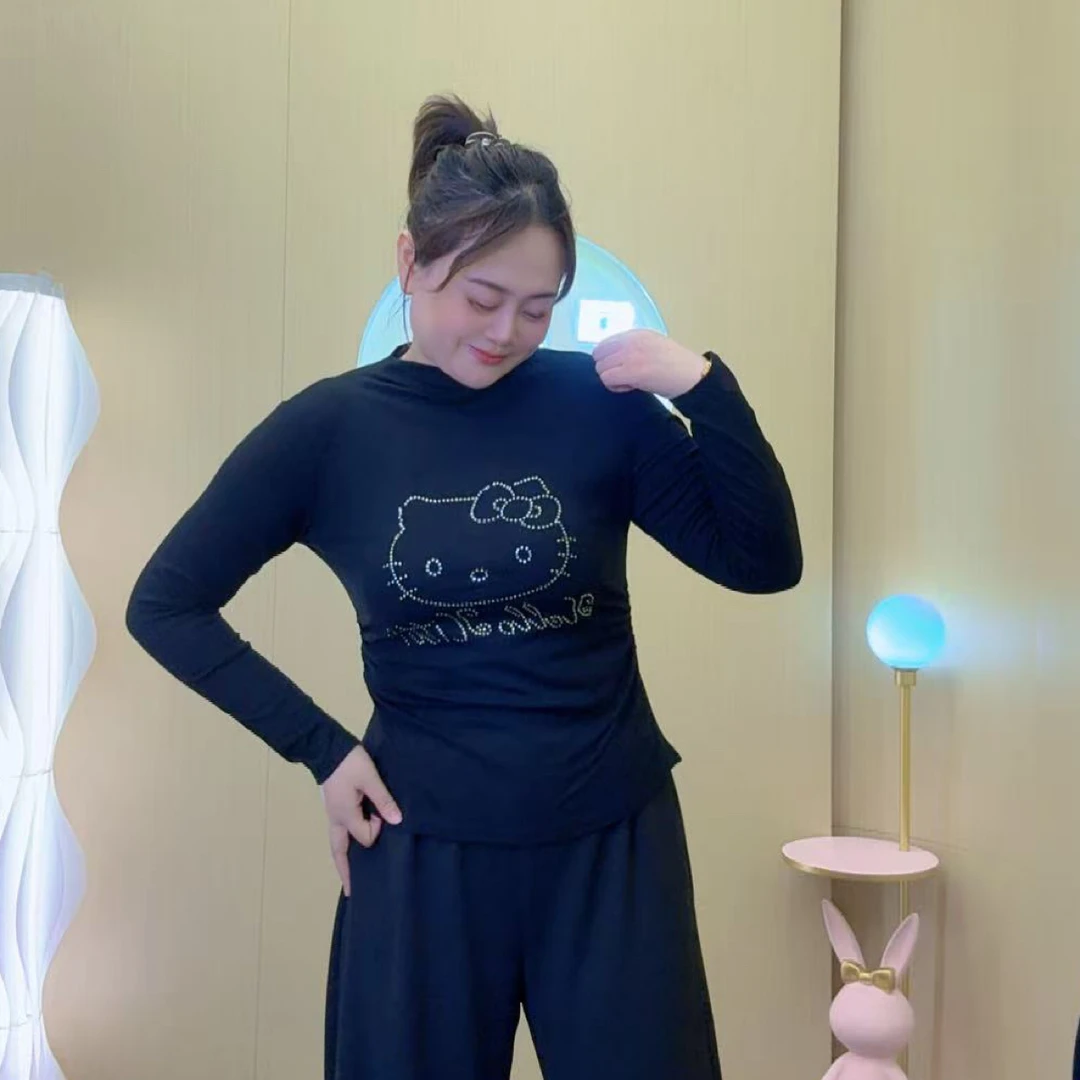 烫钻卡通猫长袖T恤修身显瘦打底衫女大码秋季新款时尚休闲上衣