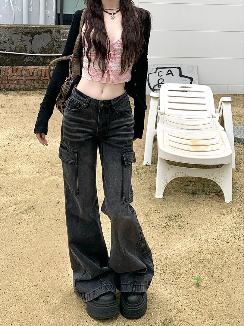 高街复古做旧黑灰色牛仔裤女春季高腰宽松阔腿裤直筒微喇叭长裤子