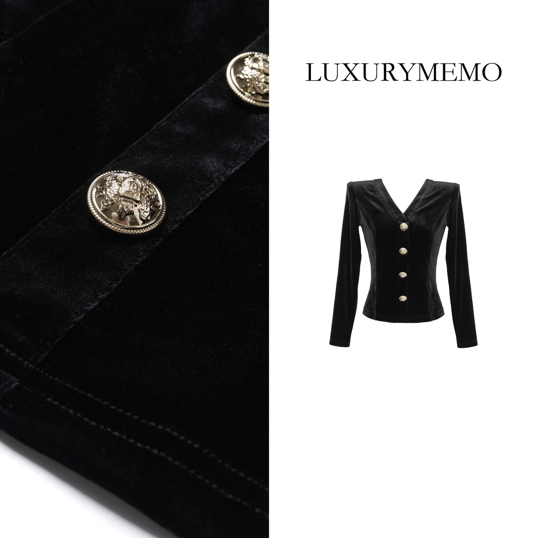 LUXURYMEMO【刘熊熊】秋季新款冰醋醋酸金扣V领打底上衣
