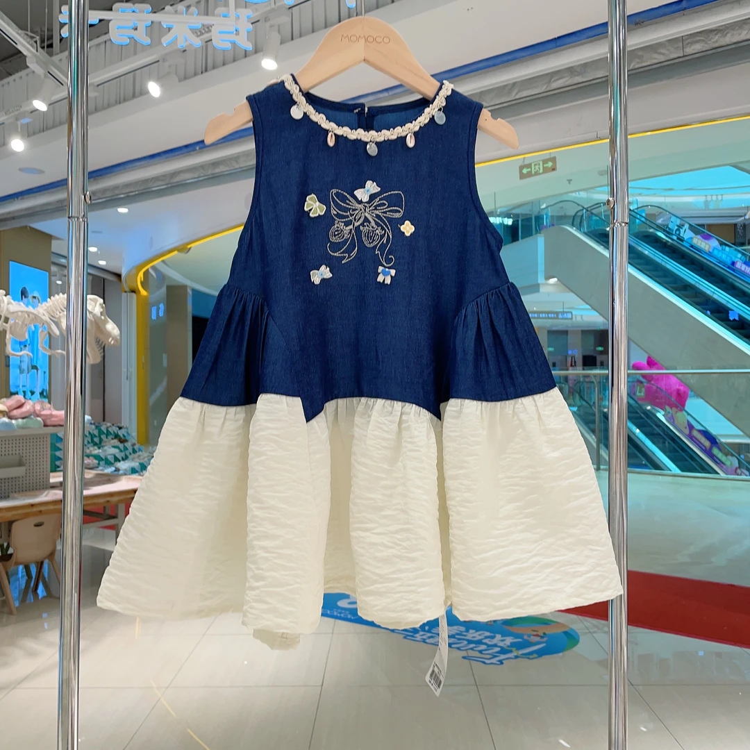 MOMOCO女童夏季女宝复古蝴蝶结拼接设计感牛仔连衣裙77620484001