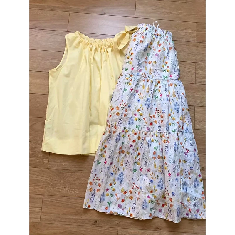 2025夏季新款韩系甜美黄色上衣女度假风碎花a字高腰半身裙子套装
