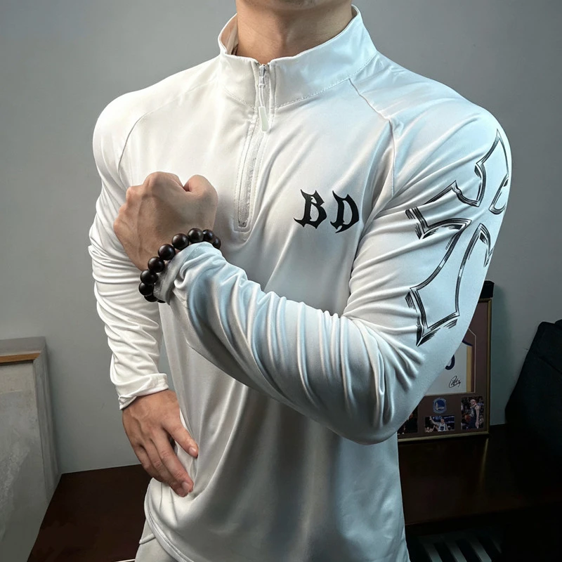 运动美式春秋插肩长袖t恤男健身半拉链外套高弹速干休闲打底衣衫