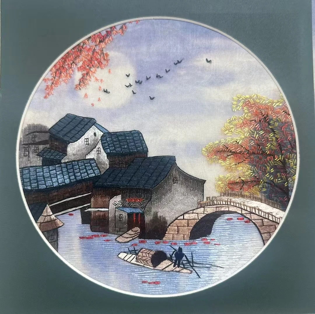 纯手工苏绣真丝手绣双面绣水乡