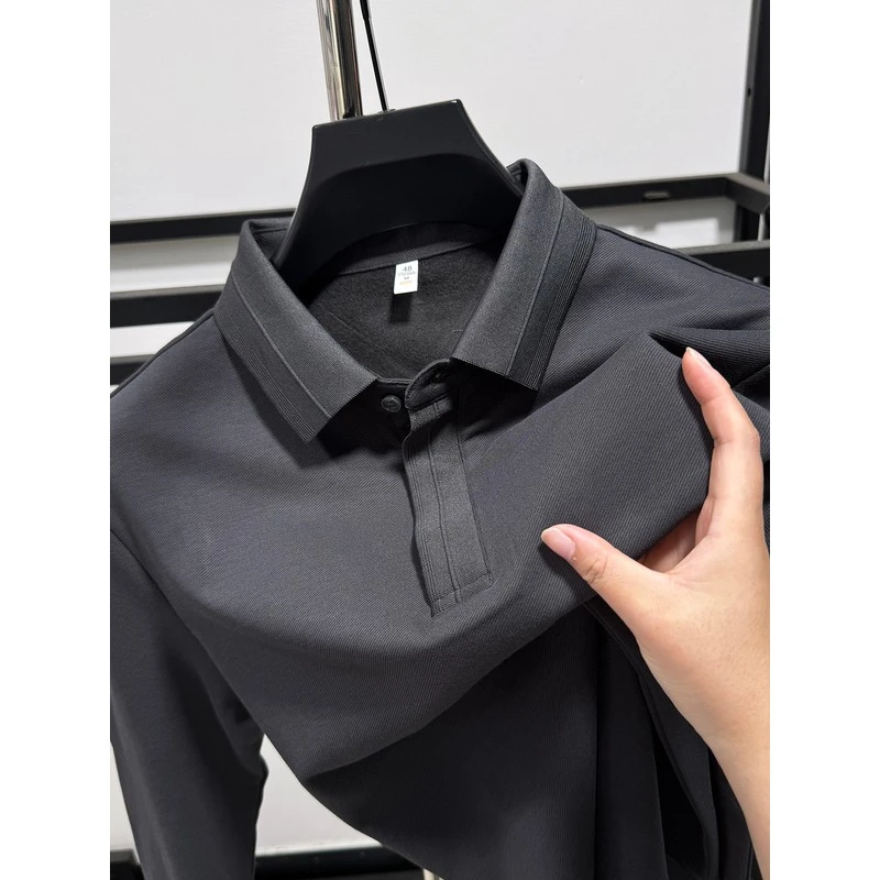 DeweLvum双层门襟翻领polo衫男士新款商务休闲百搭长袖t恤上衣男