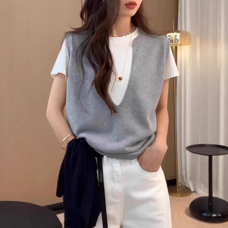 高级感假两件短袖针织衫t恤大码女装夏季胖mm薄款宽松显瘦上衣