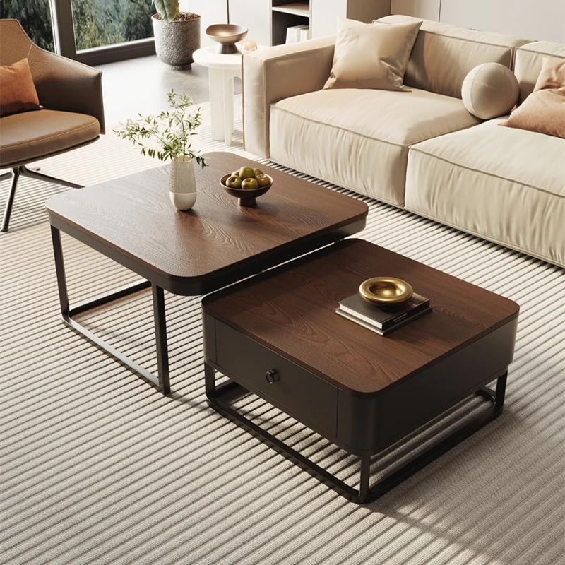 极简侘寂风实木方形茶几组合轻奢纯黑色岩板客厅家用茶几桌小户型