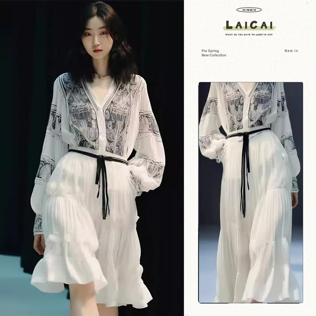 法式复古衬衫裙女2025春季新款文艺奢华印花冷淡系白色雪纺连衣裙