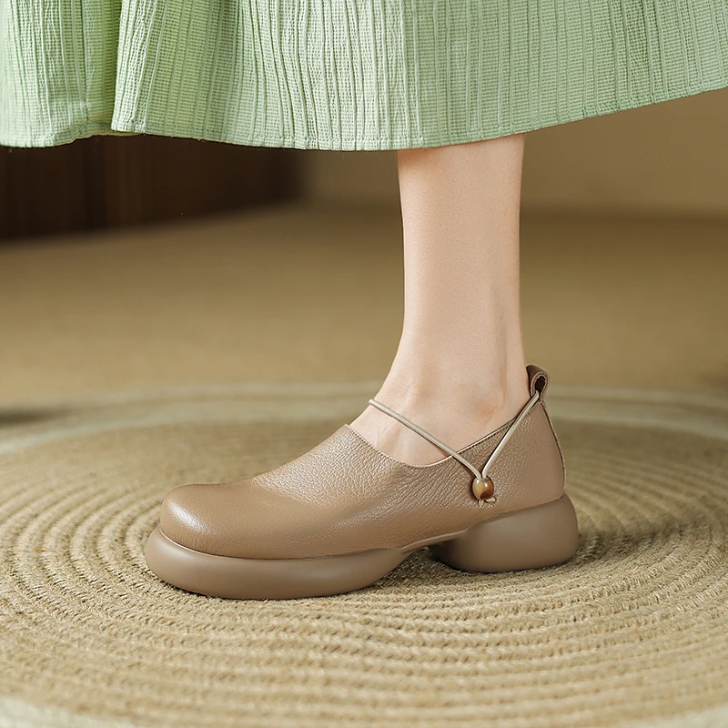 6cm复古羊皮厚底松糕小皮鞋女真皮软皮软底一脚蹬乐福鞋深口单鞋