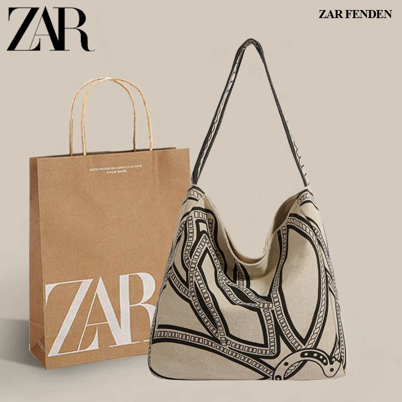 ZAR FENDEN印花托特包女2025新款潮复古大容量帆布包慵懒风单肩包