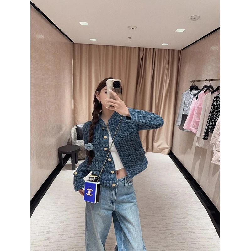 高级感小香风编织肌理感牛仔外套复古气质百搭深蓝色夹克上衣