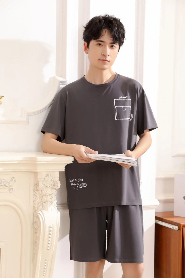 【吴姐专享】618318冰爽棉圆领印花短五男睡套-印口袋字母LRW