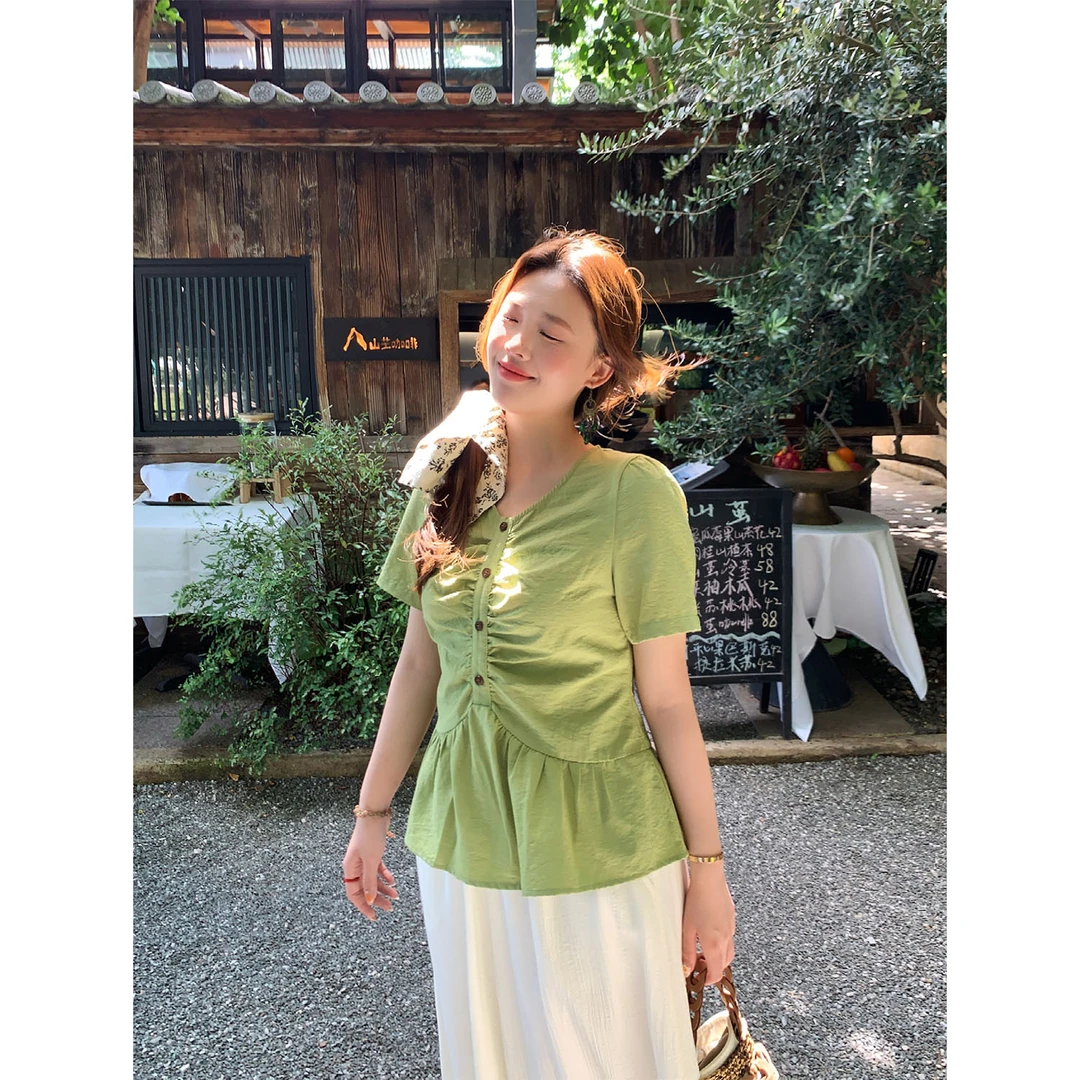 现货大婉酱千千微胖定制【冰氧夏日】V领捏褶小衫夏季百搭上衣9667X