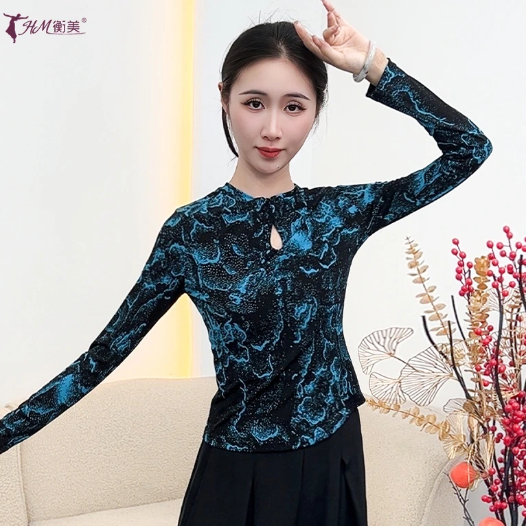 新款修身印花现代舞交叉镂空圆领练功服上衣成人女中国风古典舞服