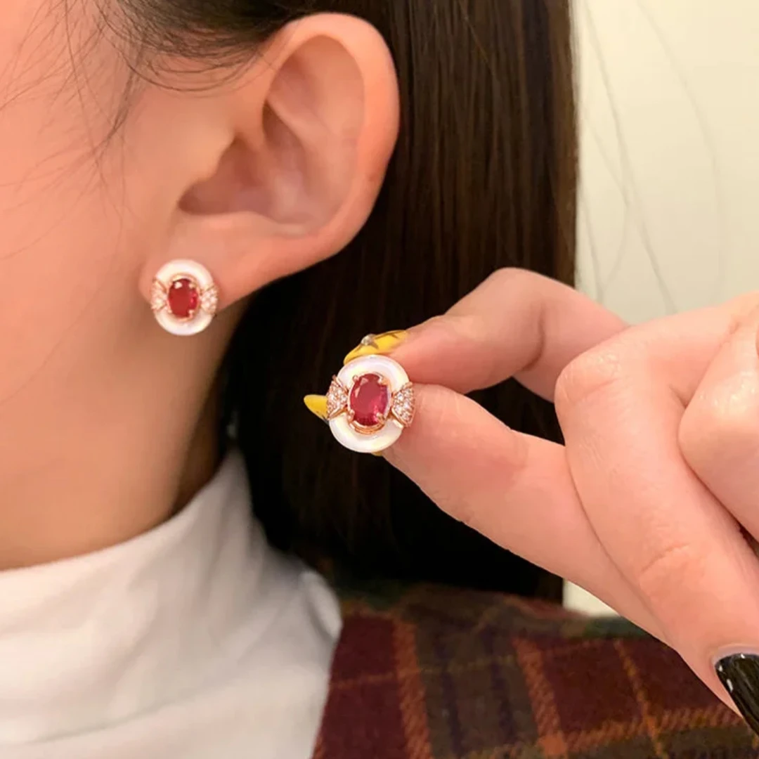 合金锆石耳饰 复古欧式宫廷风合金锆石贝珠气质耳钉精致百搭耳饰