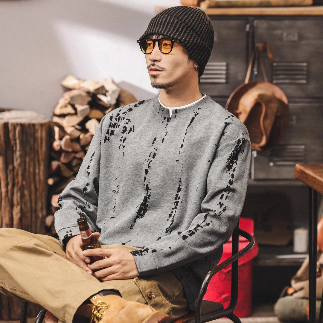 美式复古肌理感长袖t恤男秋季新款潮流设计宽松休闲假两件上衣男