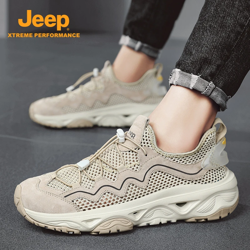 jeep吉普男鞋松紧带运动2025新款夏季透气休闲网面镂空防滑潮鞋子