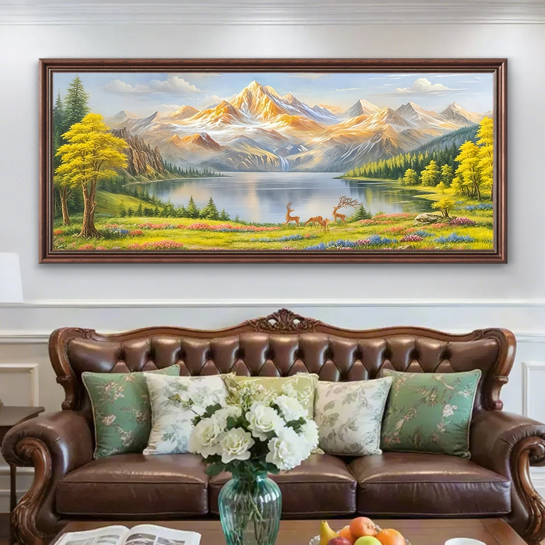 【金峦照鹿】客厅装饰画日照金山沙发背景墙挂画横版美式复古聚宝盆