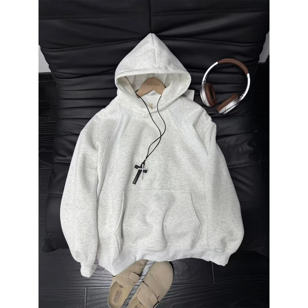 美式斜切拼接重磅连帽卫衣男款春秋季宽松休闲硬挺百搭情侣卫衣