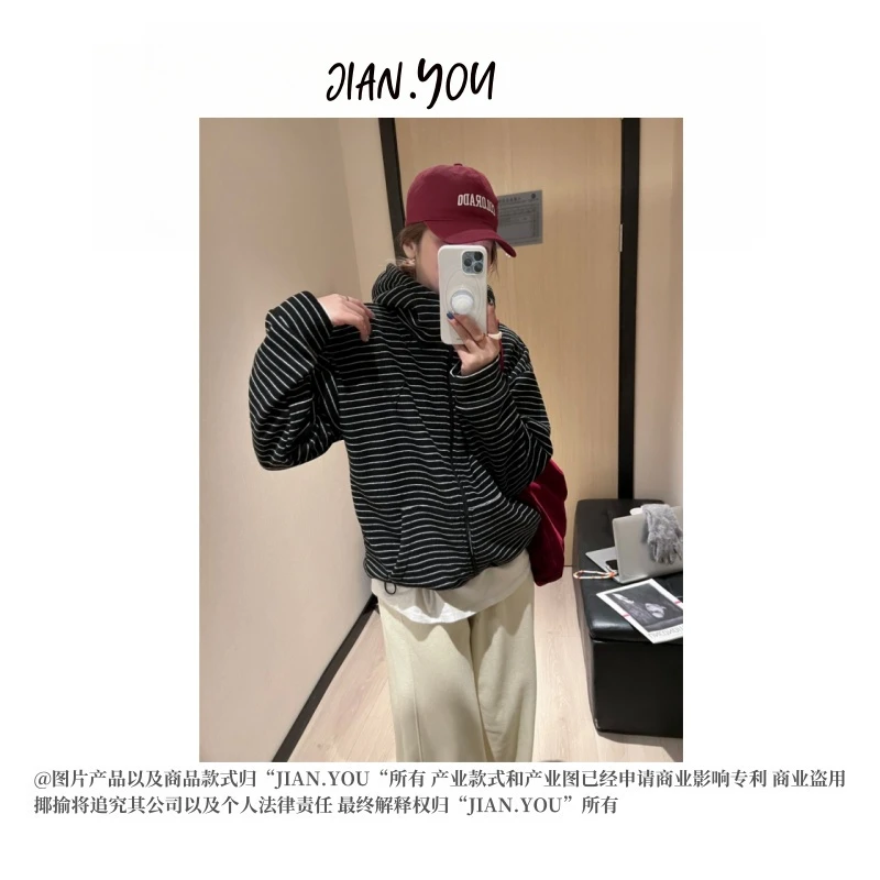 JIANYOU-「条纹外套」2024加厚新款秋冬女装品质连帽外套E-241221