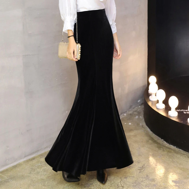 鱼尾裙新款半身长裙大码秋冬季韩版黑色修身丝绒高腰包臀半身裙冬